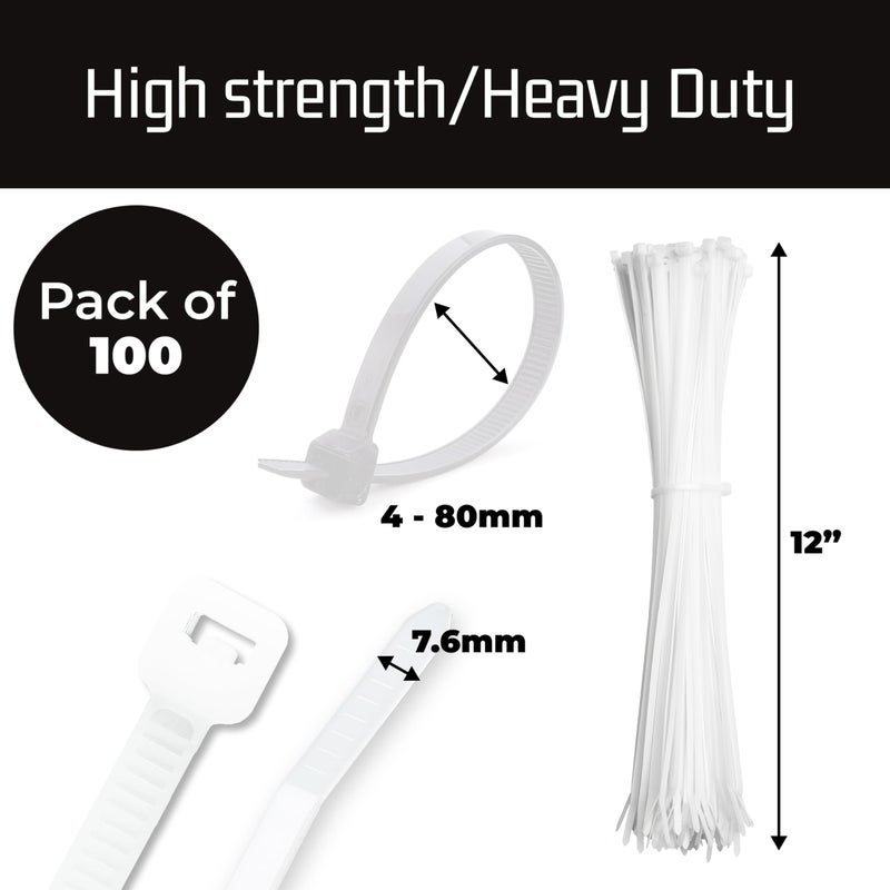 Bolt Dropper 12-Inch White Zip Ties - 100-Pack Reusable Heavy Duty Wire and Cable Ties - Durable Self-Locking Nylon with 120 lbs Tensile Strength - UV and Temperature Resistant for Indoor and Outdoor - Image 3